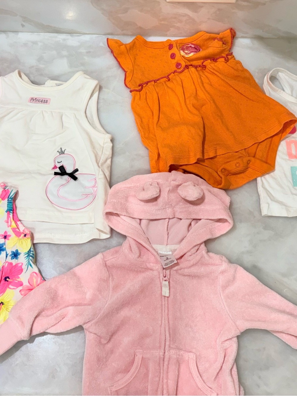 6 pieces of Pink Hooded Baby Jacket with Bear Ears & Orange Ruffle Bodysuit